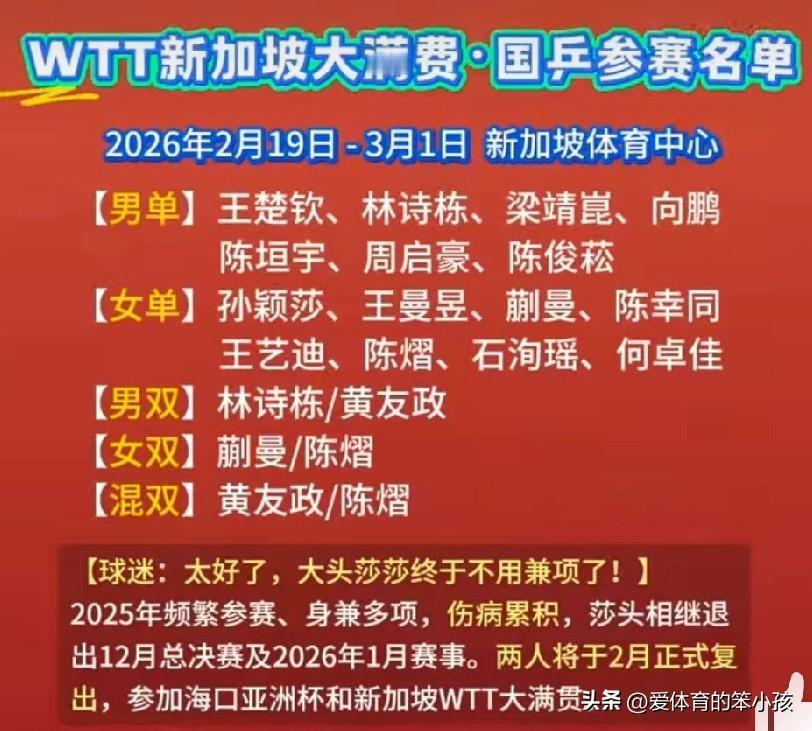 再过5天一年一度的WTT新加坡大满贯赛的比赛就将打响。这也是国乒在农历春节过后球