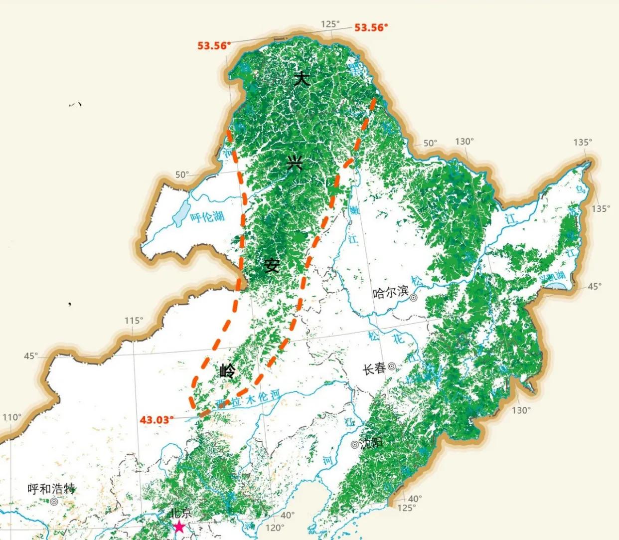 大兴安岭山脉位于黑龙江省西北部、内蒙古自治区东北部，北起黑龙江畔，南至西拉木伦河