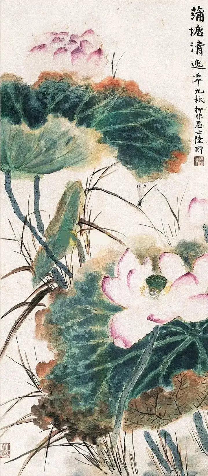 陆抑非在赋色上很好地控制了湿度，以南田没骨设色笔法，结合撞水撞粉之技绘荷花，渲染