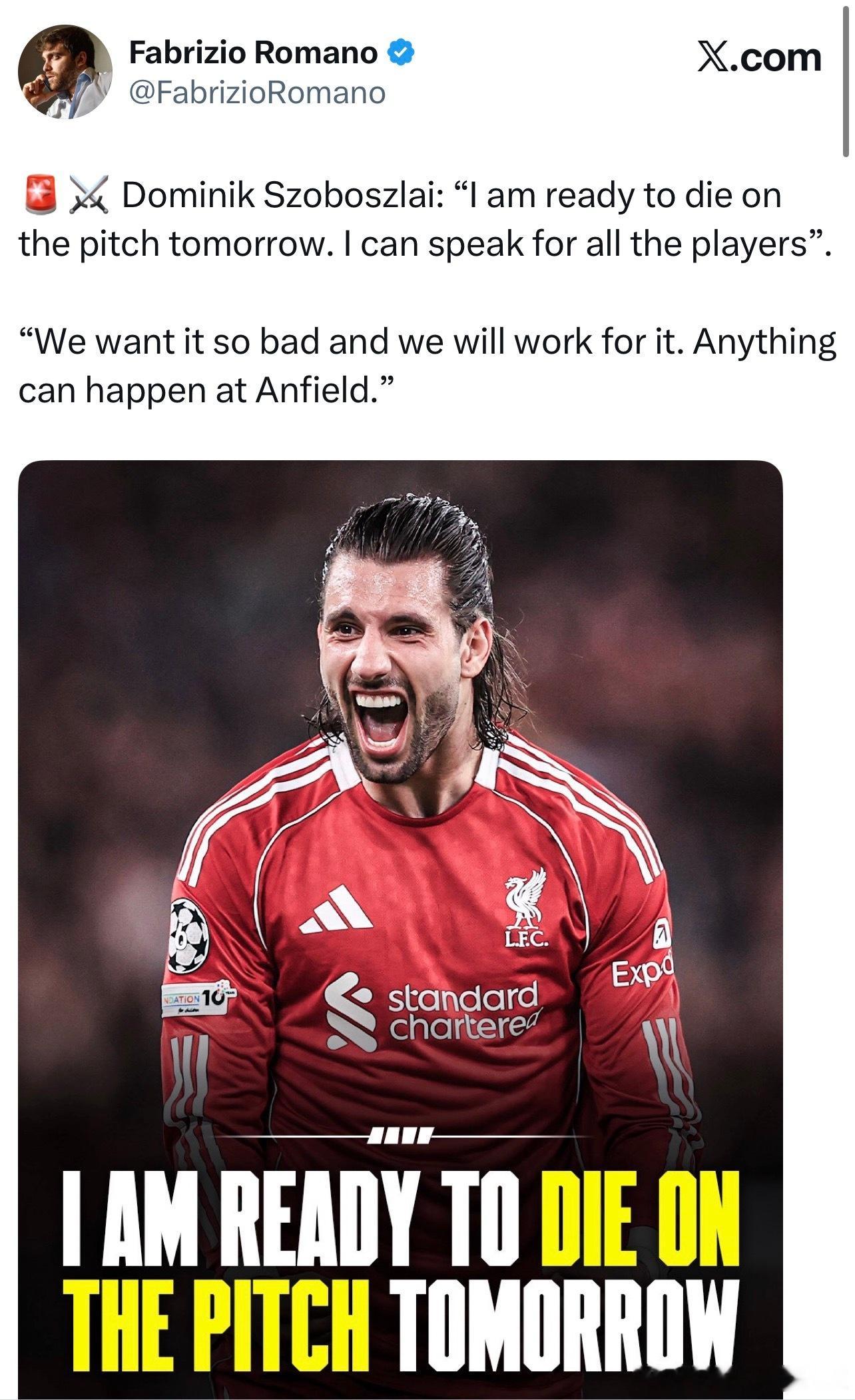 队长式发言：“I am ready to die on the pitch to