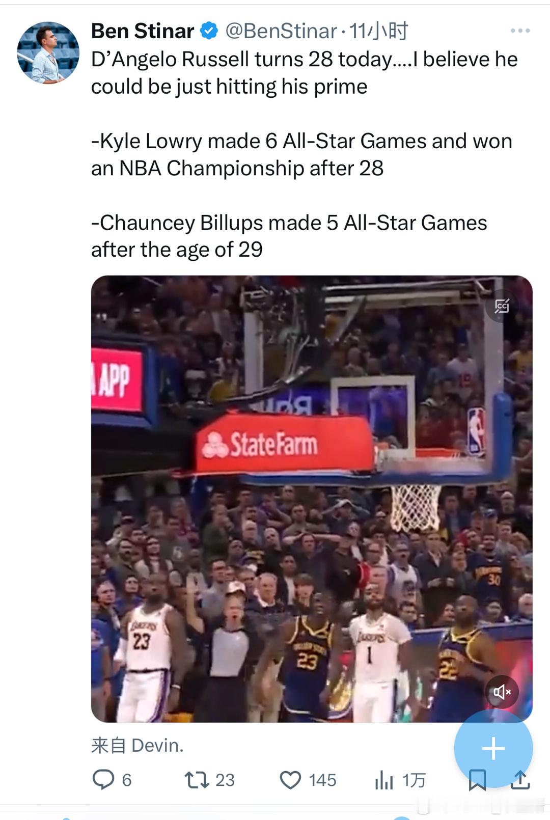 媒体人Ben Stinar认为刚满28岁的拉塞尔可能才刚刚迎来巅峰，并举了洛瑞和