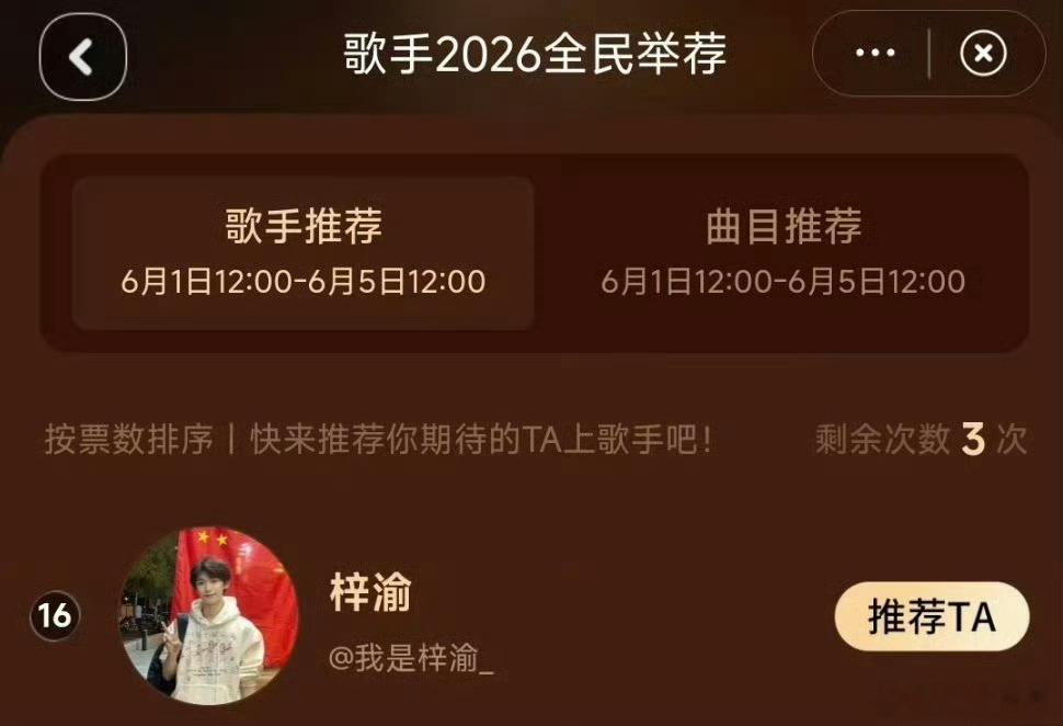 梓渝歌手举荐TOP16梓渝歌手举荐排名TOP16大众举荐排名来到TOP16，一次