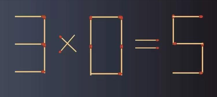 图中用火柴棍拼出的 “3 × 0 = 5” 算式显然不成立。现在，一场进阶脑力对