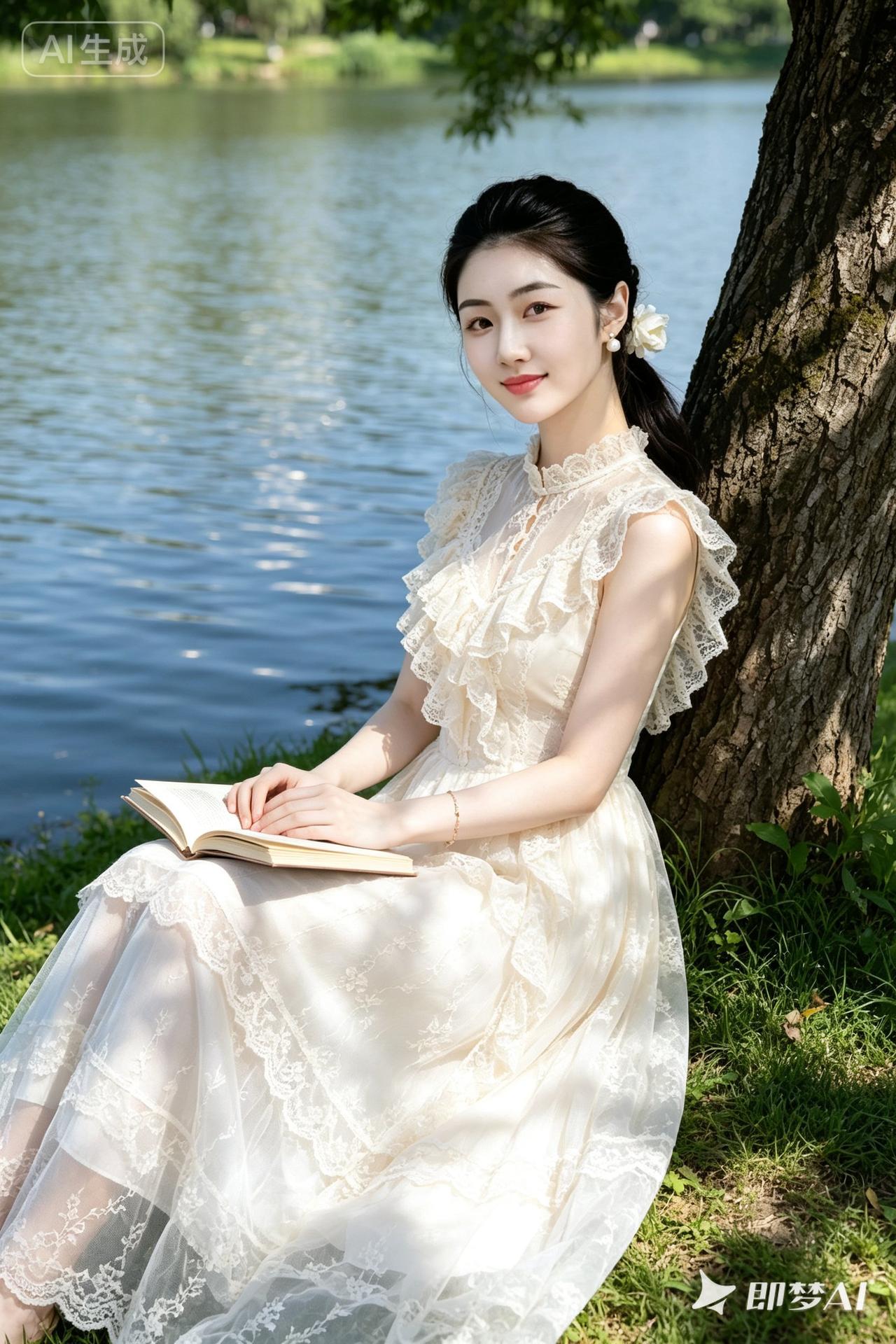 夏日湖畔，白裙少女静读，如梦如画。