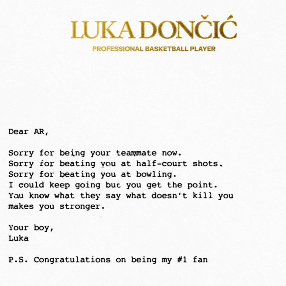 东契奇圣诞节致信里夫斯：亲爱的AR，很抱歉现在成为你的队友。很抱歉在半场投篮赢了