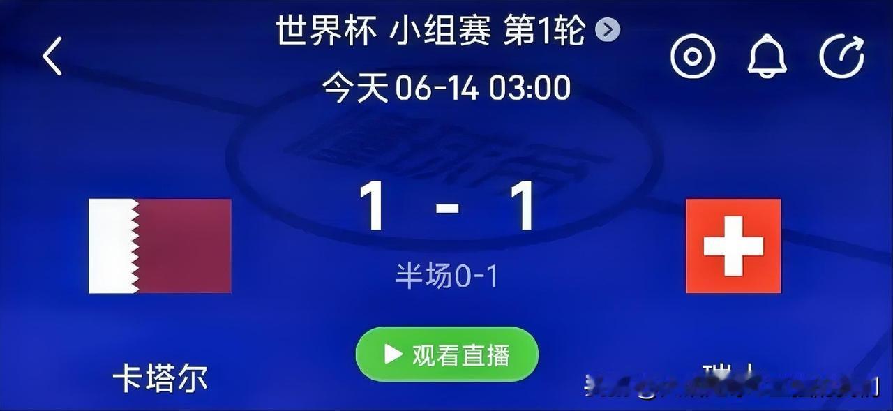 1-1，亚洲球队给力啊！

🇶🇦卡塔尔队1-1战平瑞士队🇨🇭
🇰🇷韩