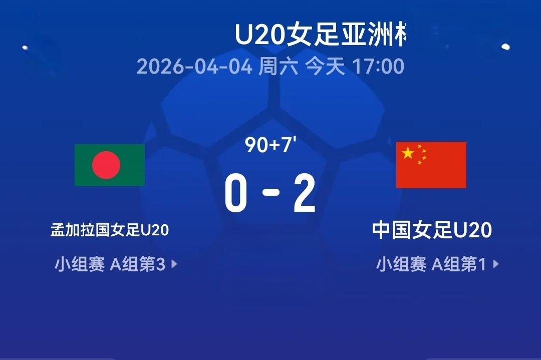 U20女足小胜弱旅孟加拉国，两粒进球精彩。
U20女足亚洲杯第二轮，中国队对阵小