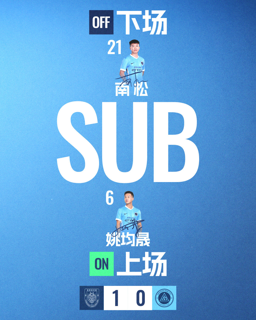 第76分钟，深圳新鹏城换人姚均晟登场换下南松重庆铜梁龙vs深圳新鹏城 中超联赛