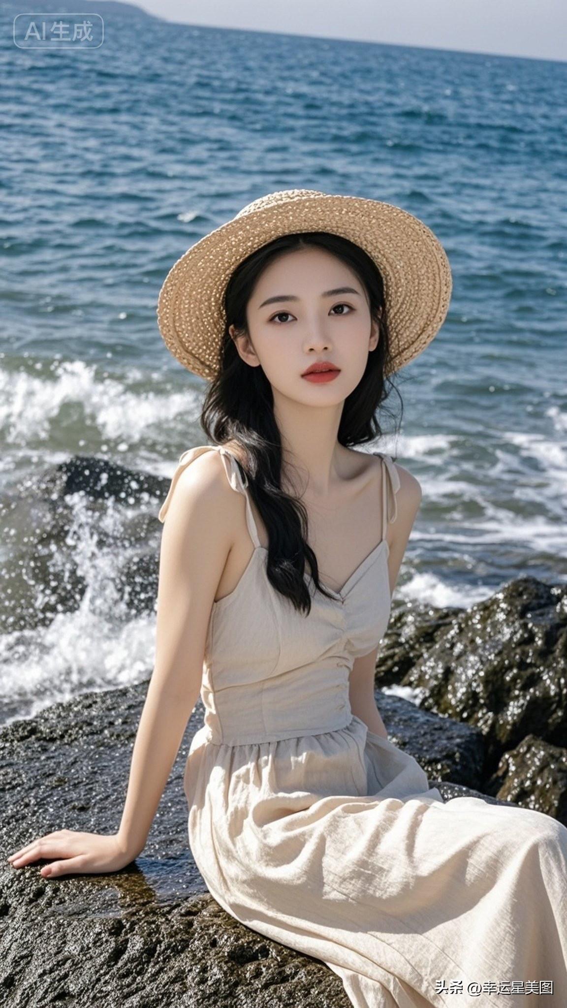 海边度假风，米色连衣裙搭配草帽，清新自然，享受阳光与海浪的温柔拥抱。
