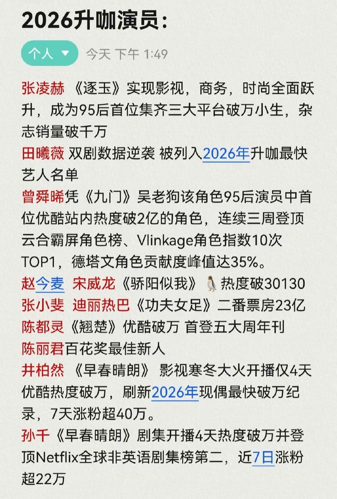 2026升咖演员根据 灯塔专业版￼ 2026年上半年的数据，以下是正片累计播放量