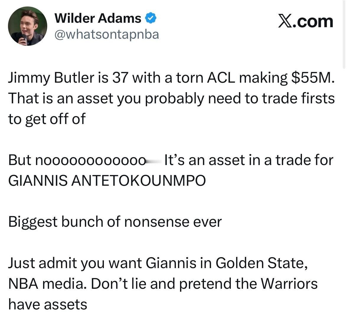 明尼苏达媒体人Wilder Adams开喷：巴特勒都37岁了，前交叉韧带撕裂，还