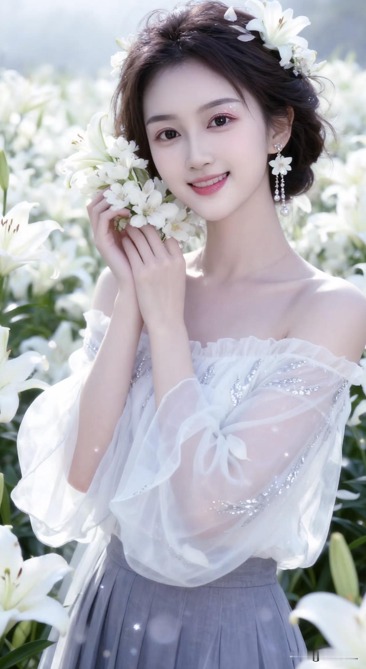 仙气飘飘的少女，置身花海中，宛如童话里的公主。花海少女感 花海少女照 温柔花裙少