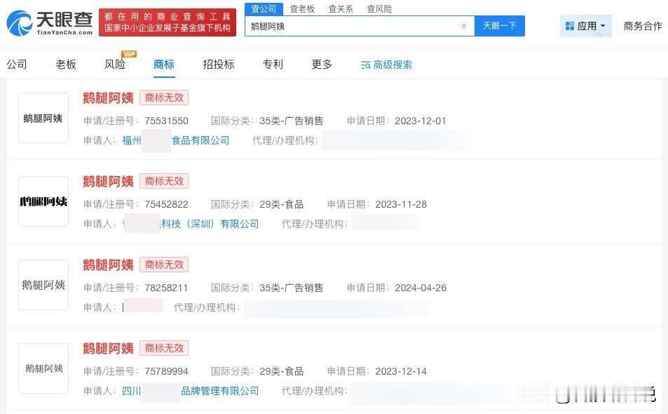 【鹅腿阿姨已注册相关商标 鹅腿阿姨商标曾被多方抢注】鹅腿阿姨卖的是鸭腿
近日，曾