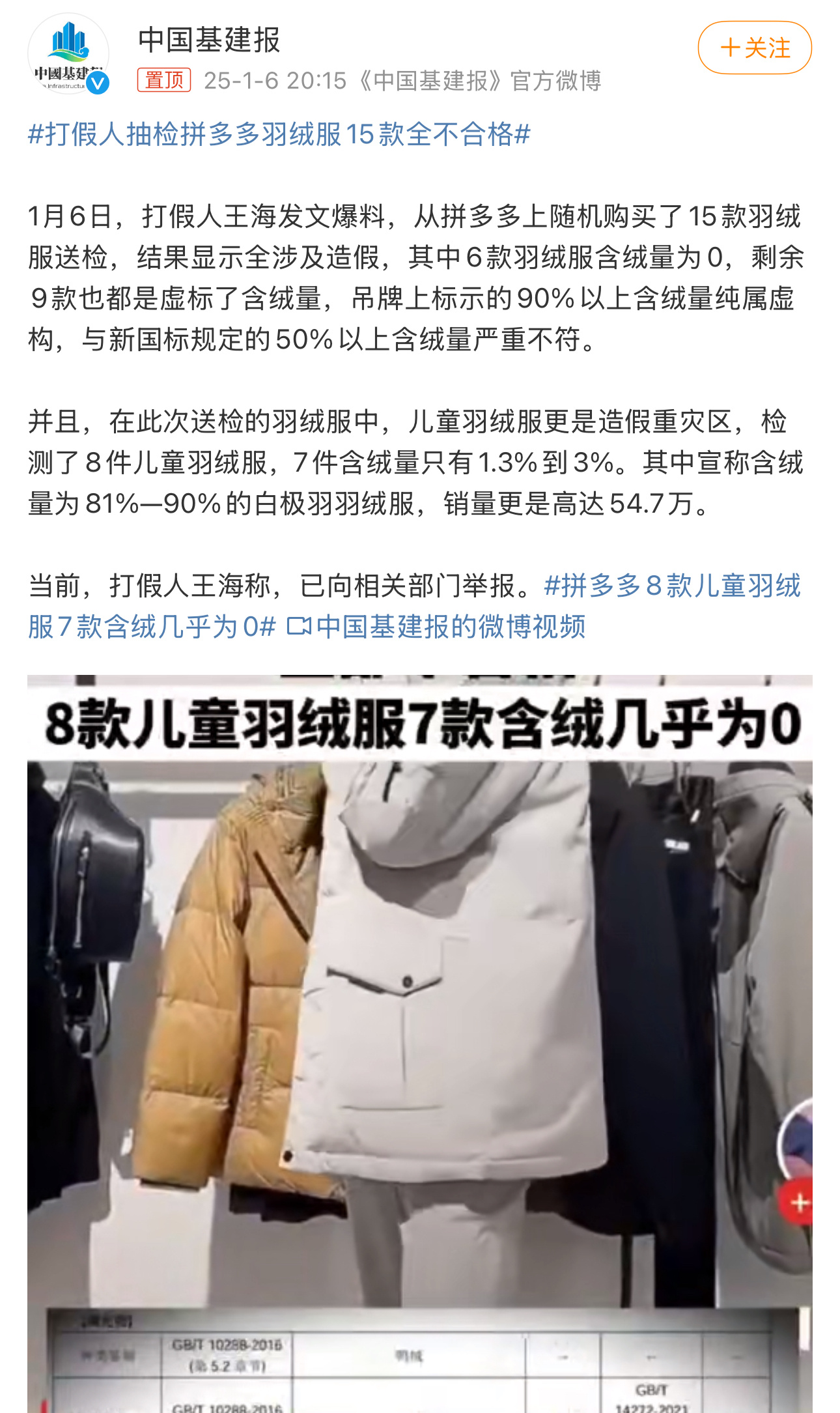 打假人抽检拼多多羽绒服15款全不合格 品牌羽绒服价格是越来越贵，没两千块预算根本