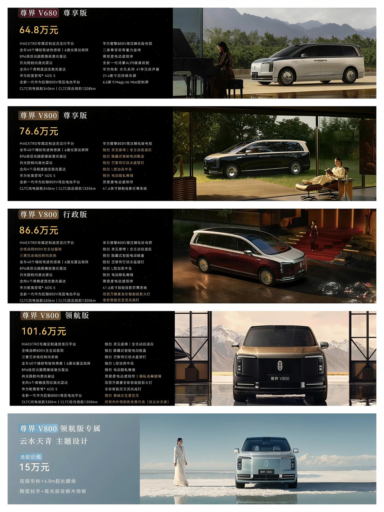 尊界V680售价64.8万元；尊界V800尊享版售价76.6万元、行政版售价86