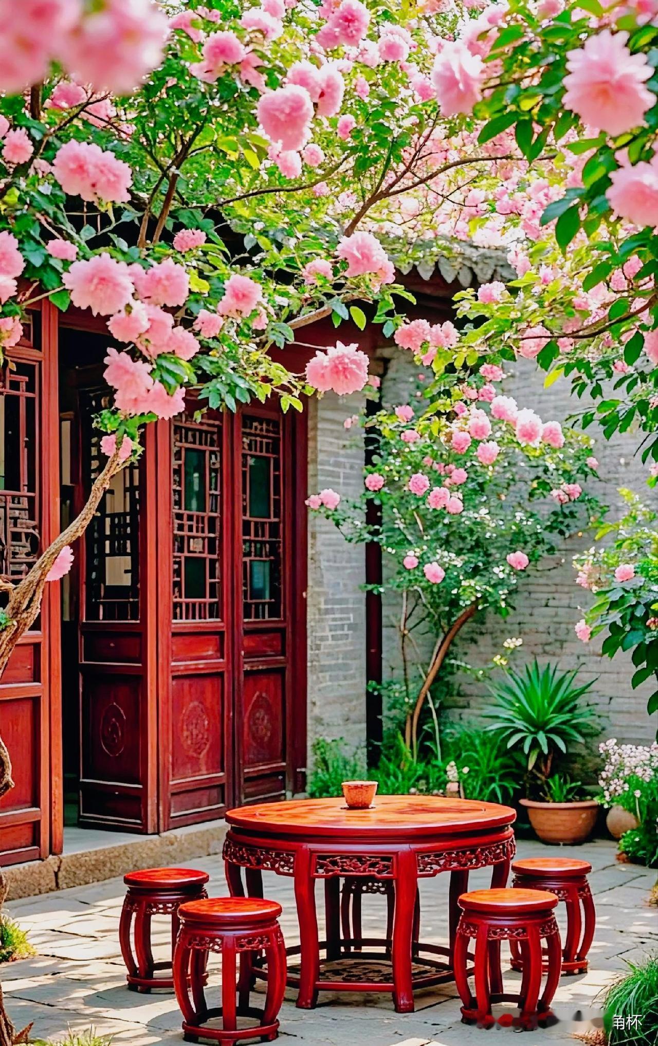 下联：花满朱庭春意浓
上联：有请雅士[玫瑰][玫瑰][玫瑰]