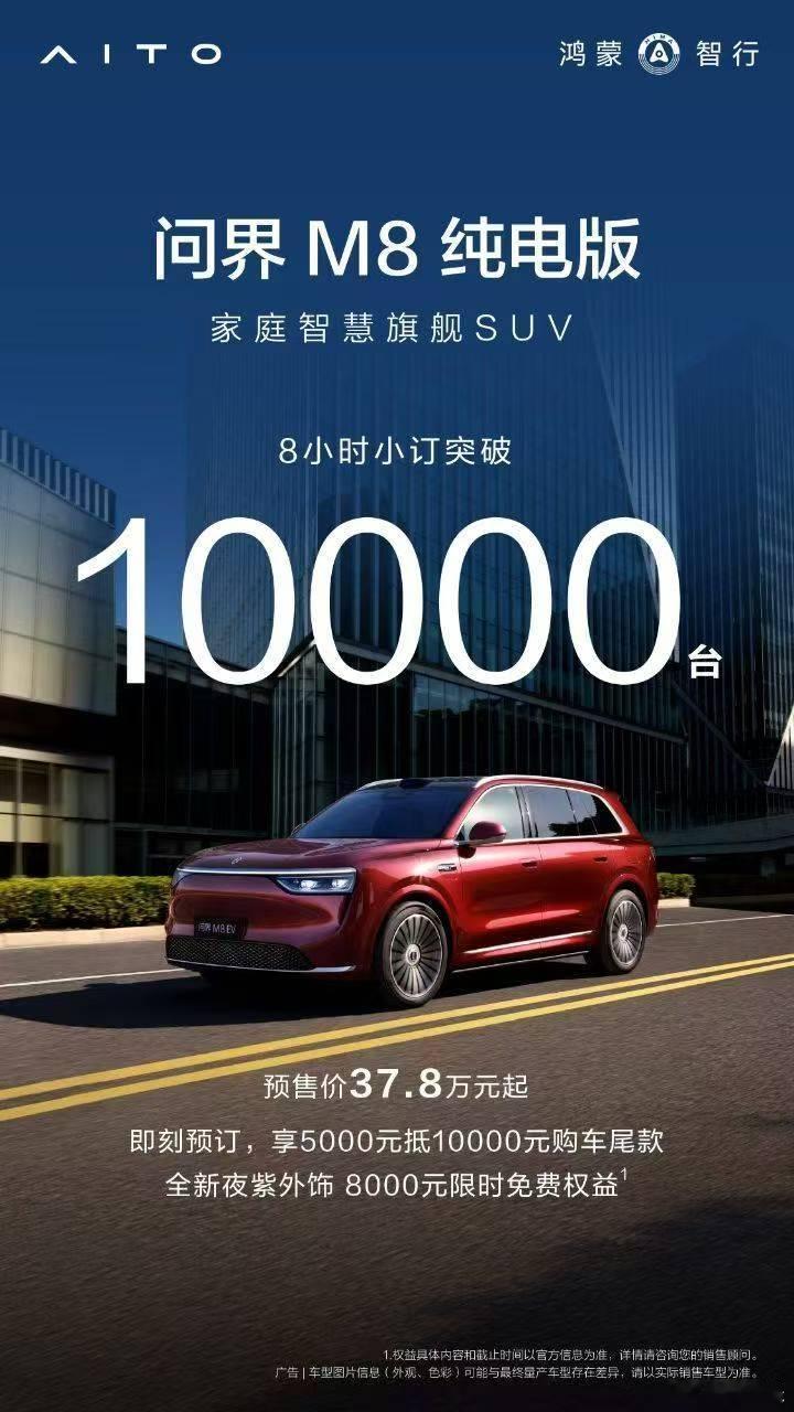 问界M8纯电版开启预订，8小时突破10000台！问界M8纯电版预售37.8万起 