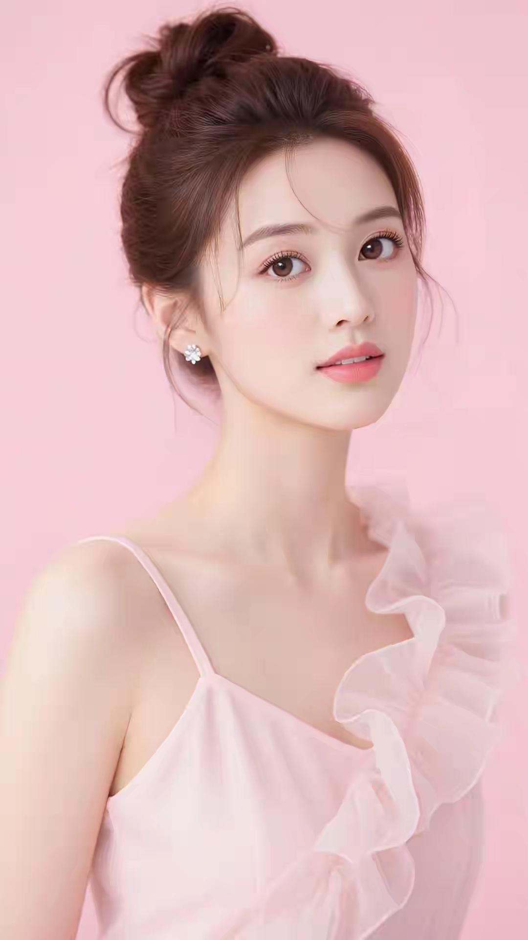 温柔甜美的粉色少女，优雅的发髻与精致的耳饰相得益彰，散发着梦幻般的气息。