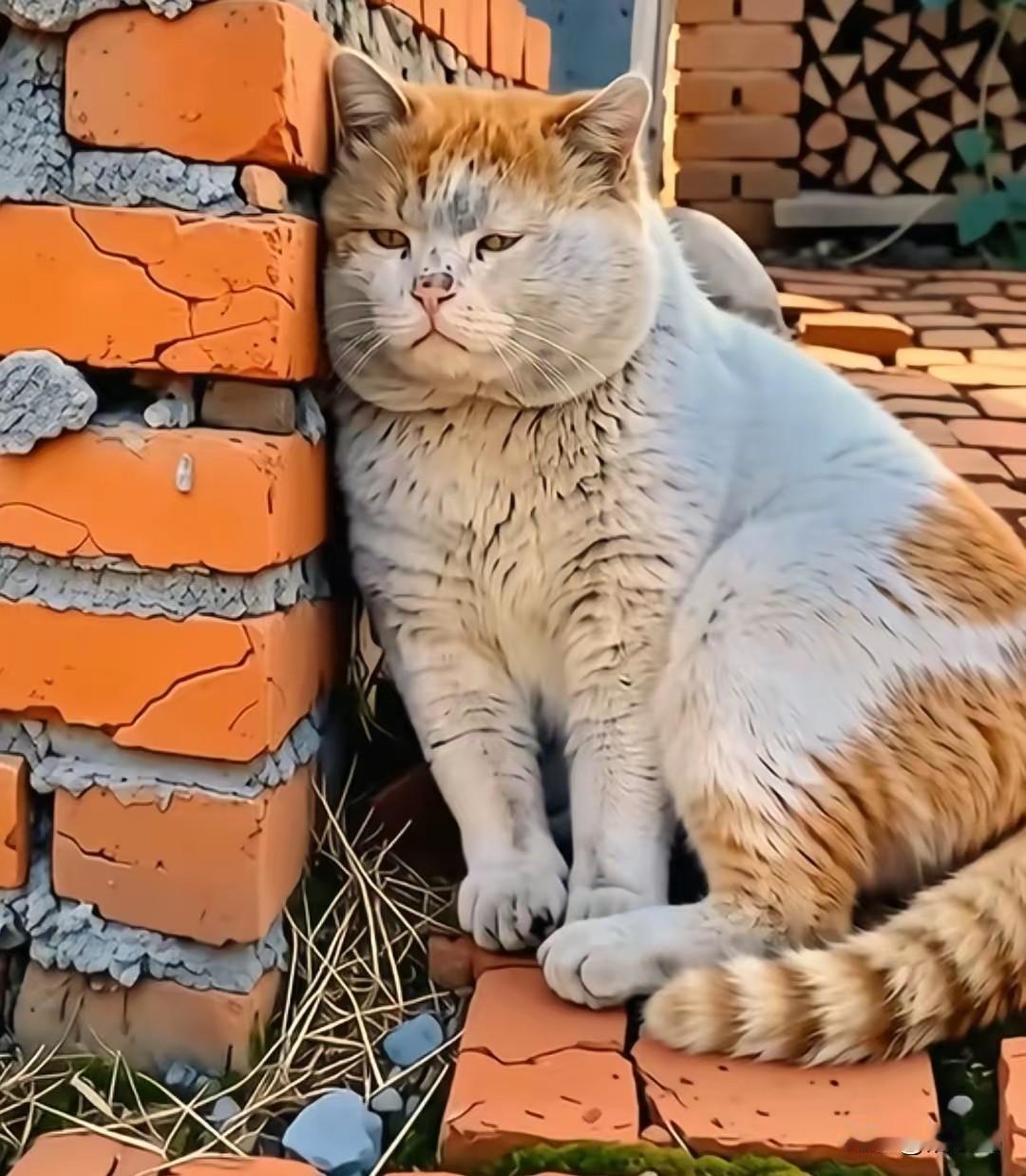 猪咪又靠在墙头了，表情看起来很忧郁。它是一只流浪猫，虽然现在有人养着它
，但它还