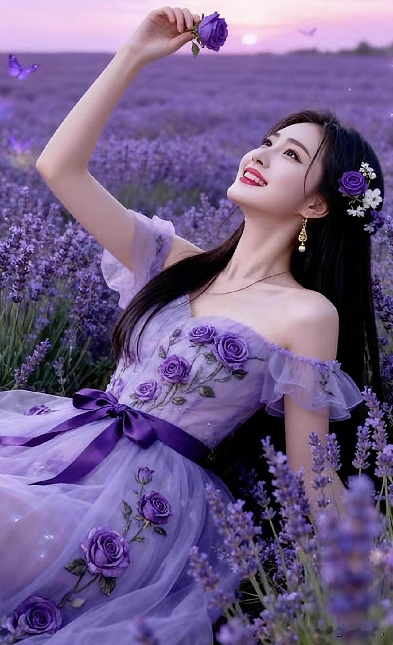 梦幻薰衣草田，少女与花共舞紫色花海少女 花海少女照 薰衣草花海写真 花海少女照 
