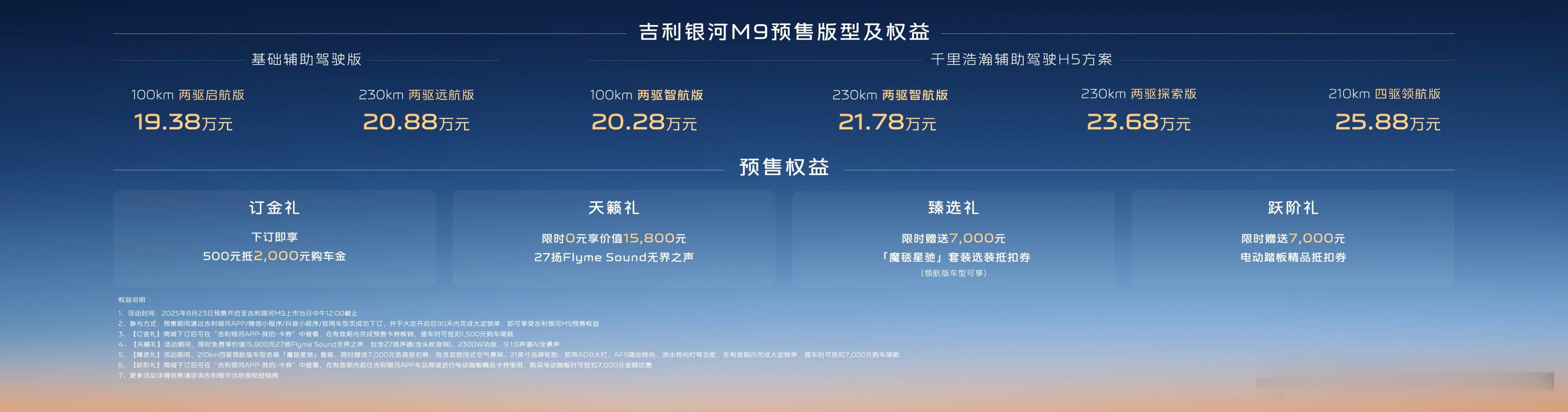 人民的M9来了 吉利银河M9预售价为19.38-25.88万元。从星汉涟漪美学到