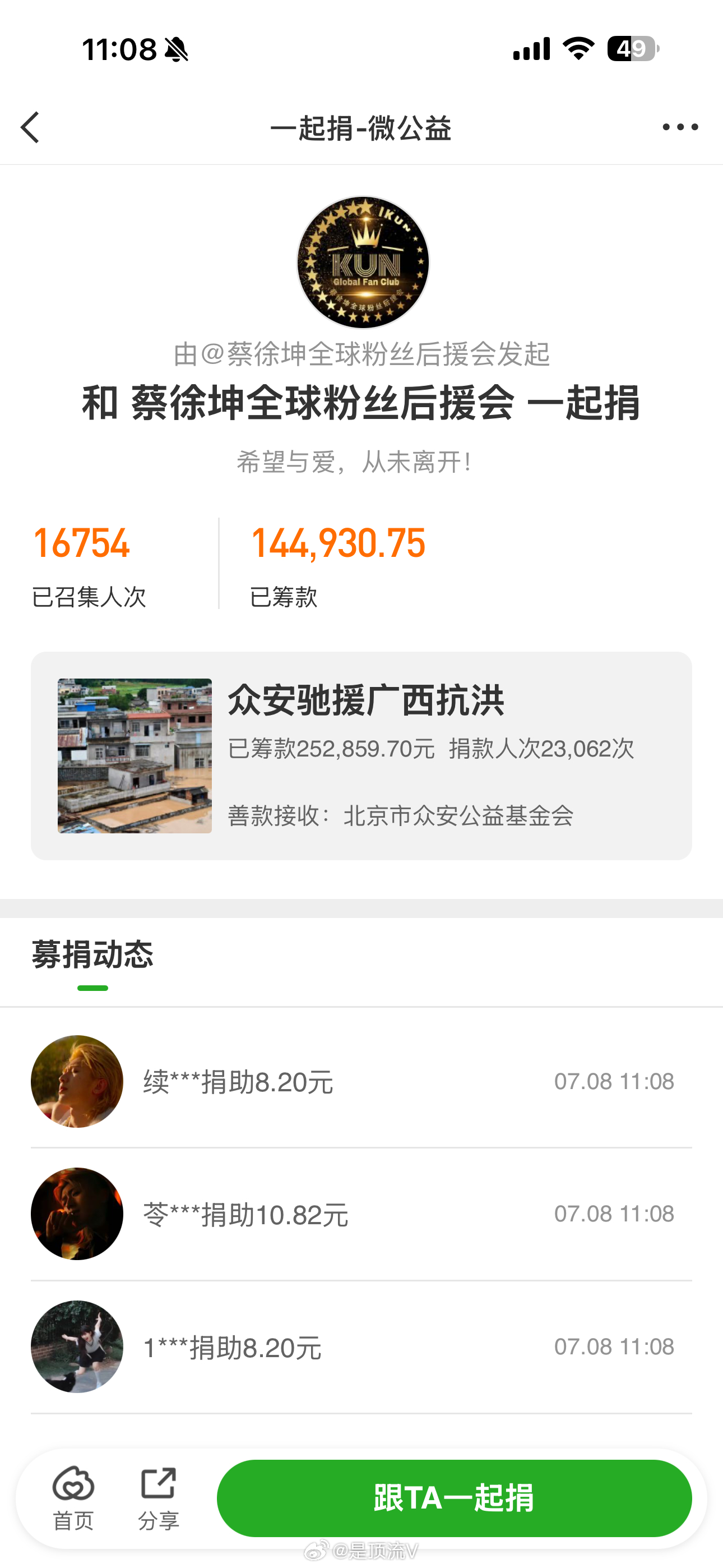 蔡徐坤和粉丝ikun驰援广西！蔡徐坤捐赠50万，粉丝已经募集了14万多，非常有爱