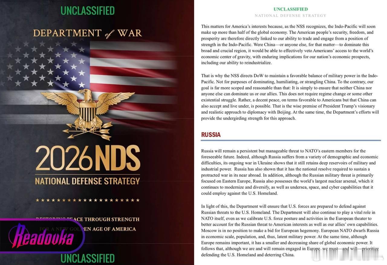 今天，美国五角大楼发布了新的美国国防战略其要点：俄罗斯被称为北约东翼“可控的长期