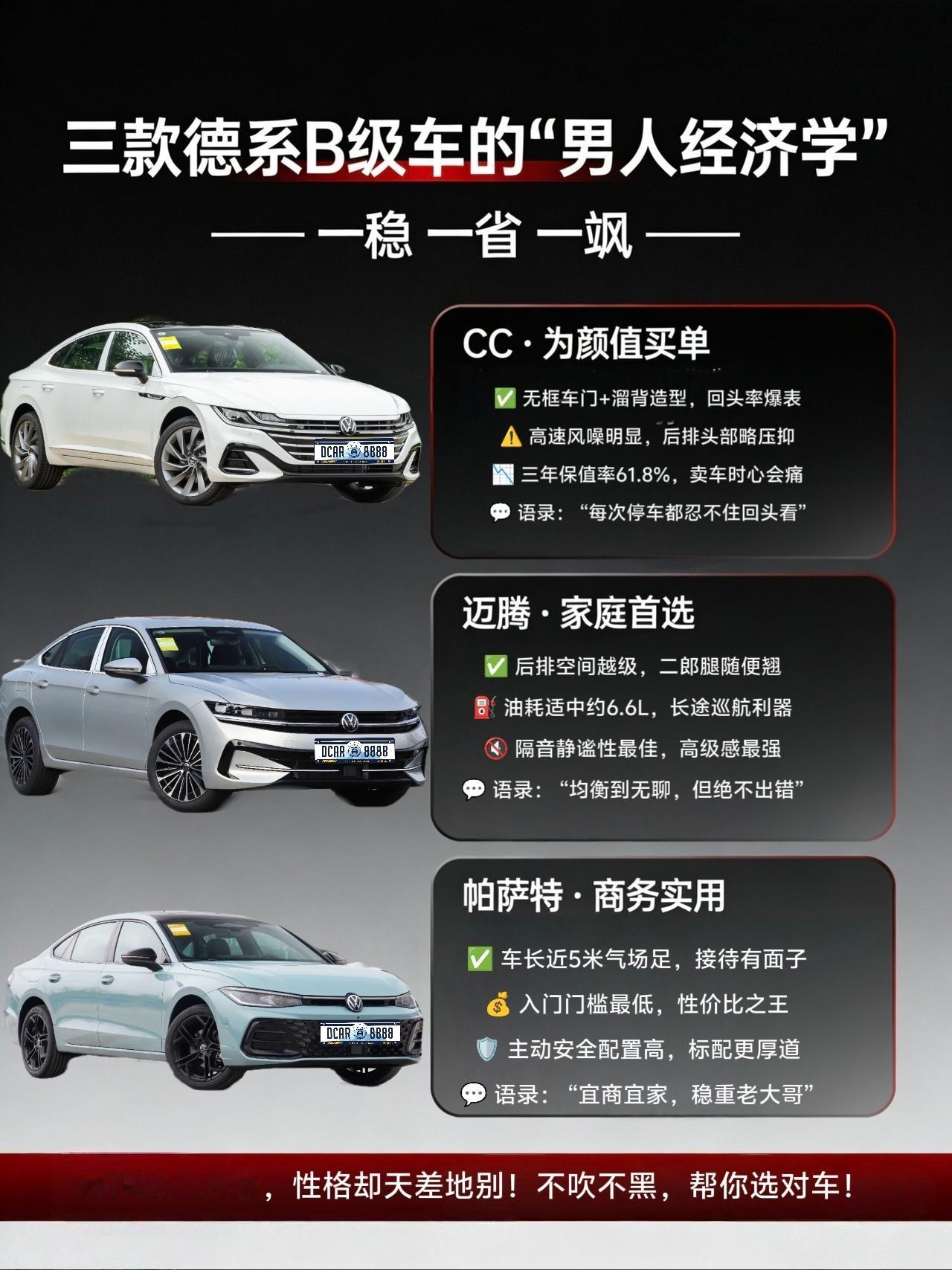 二十多万想买台德系B级轿车，绕不开大众这三兄弟：CC、迈腾、帕萨特。虽然底盘和发