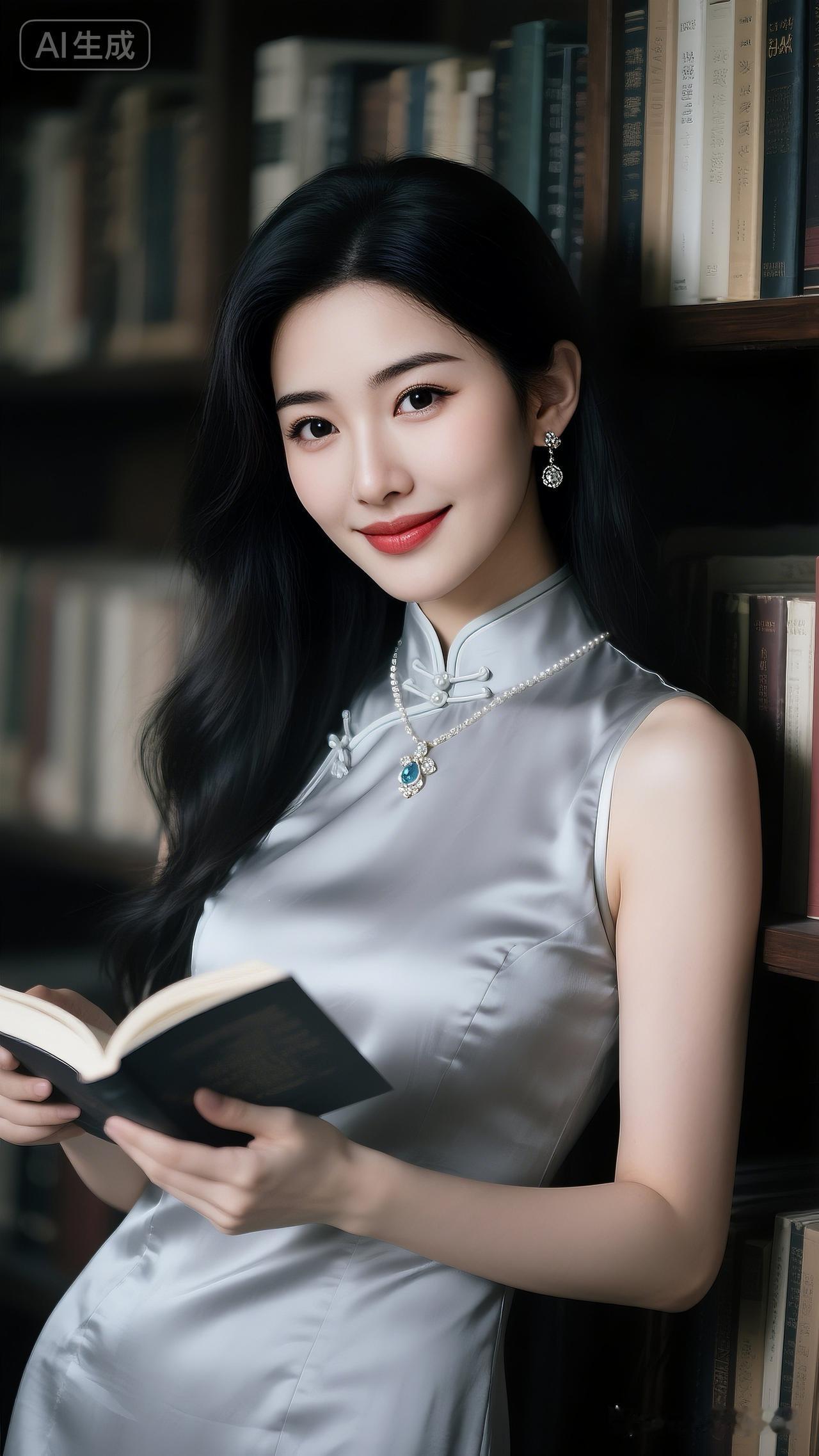 一位美女在图书馆里看书。