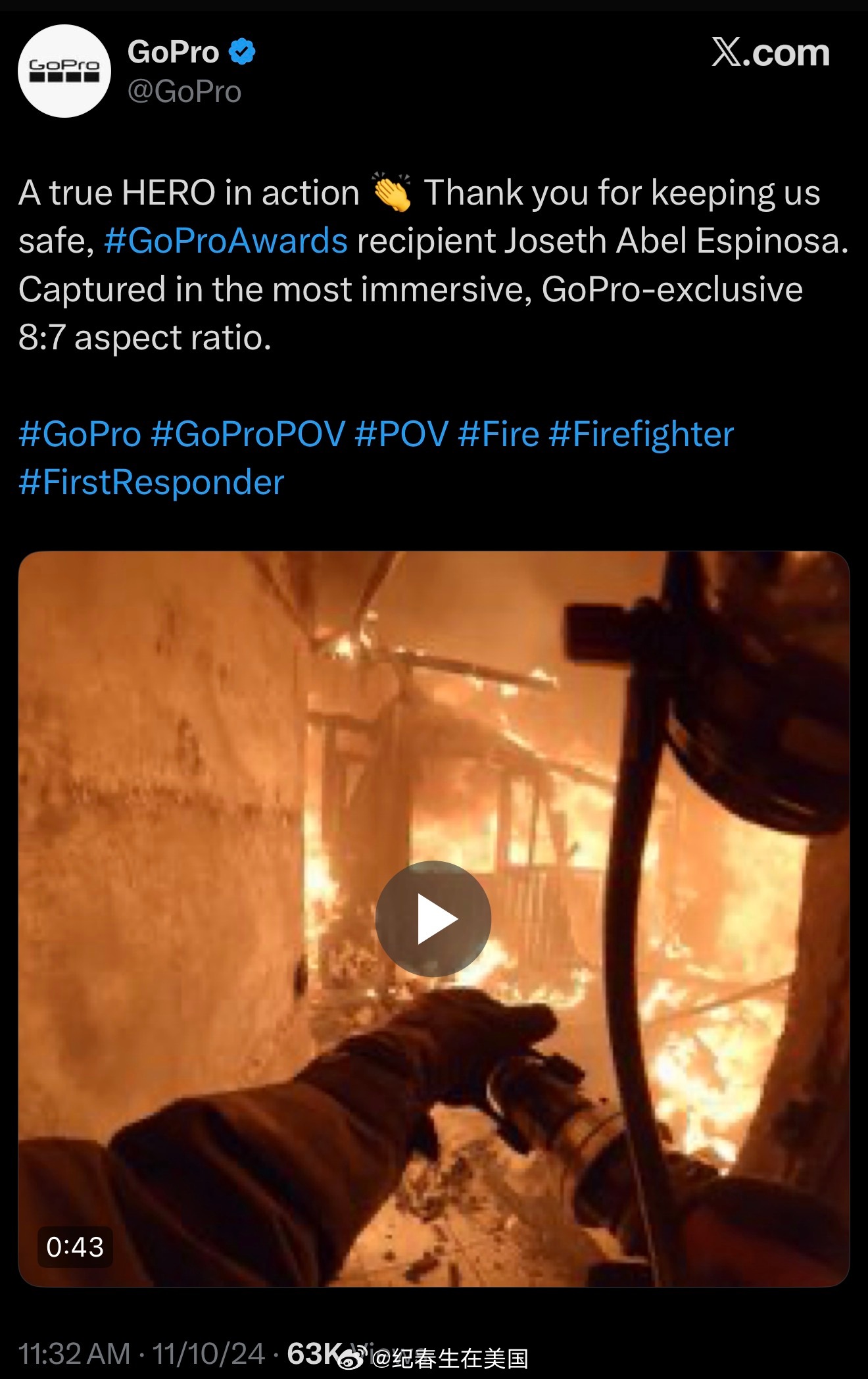 现在网上顶着香港消防员第一视角发的视频其实是GoPro在去年发的智利消防员Jos