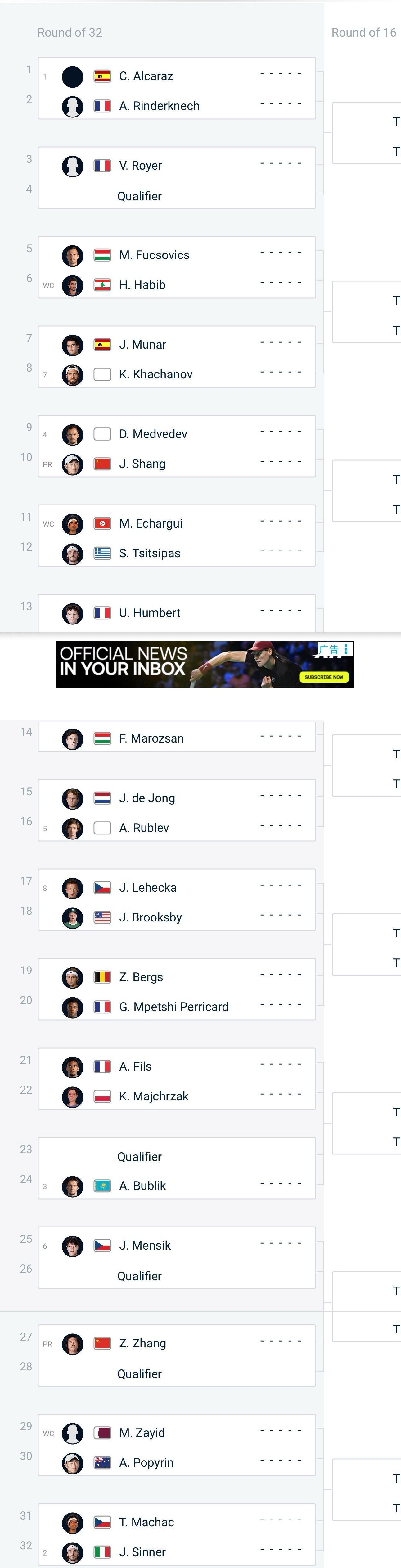 网坛风云 ATP多哈500赛公布单打签表，阿尔卡拉斯、辛纳镇守上下半区，商竣程持