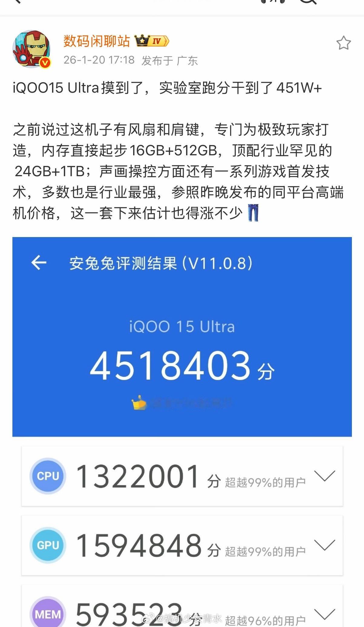 游戏党真的被iQOO 养的很好！性能王炸。iQOO 15 Ultra 实验室跑分