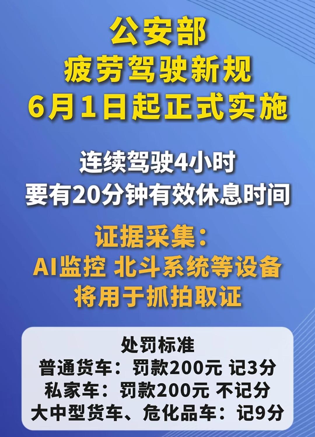2026年6月1日起执行疲劳驾驶新规！小汽车驾驶员连续驾驶4小时不休息也会被罚款