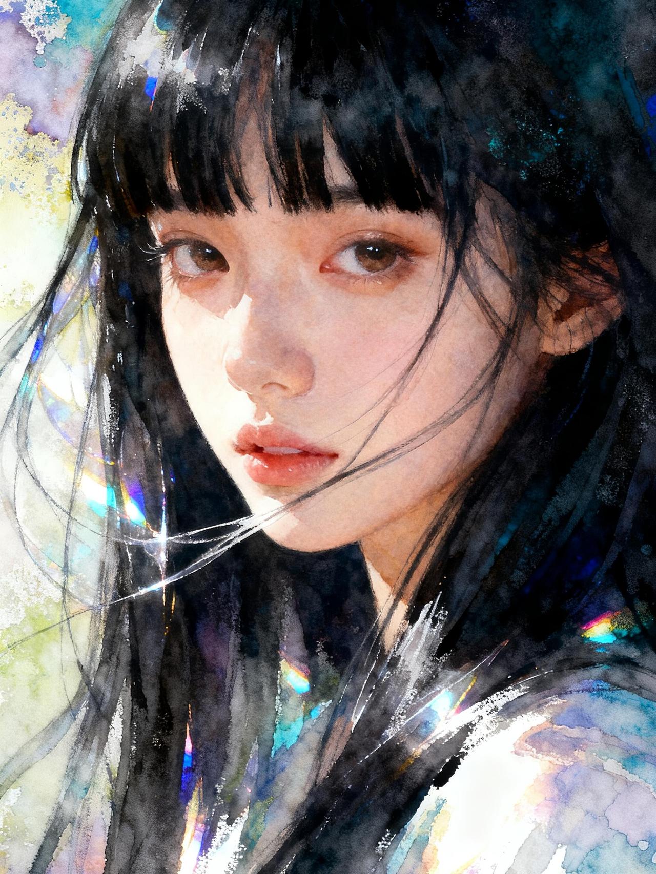 作品在色彩和光影的结合上堪称精彩。背景的紫蓝调水彩肆意挥洒，却又精准地衬托出人物