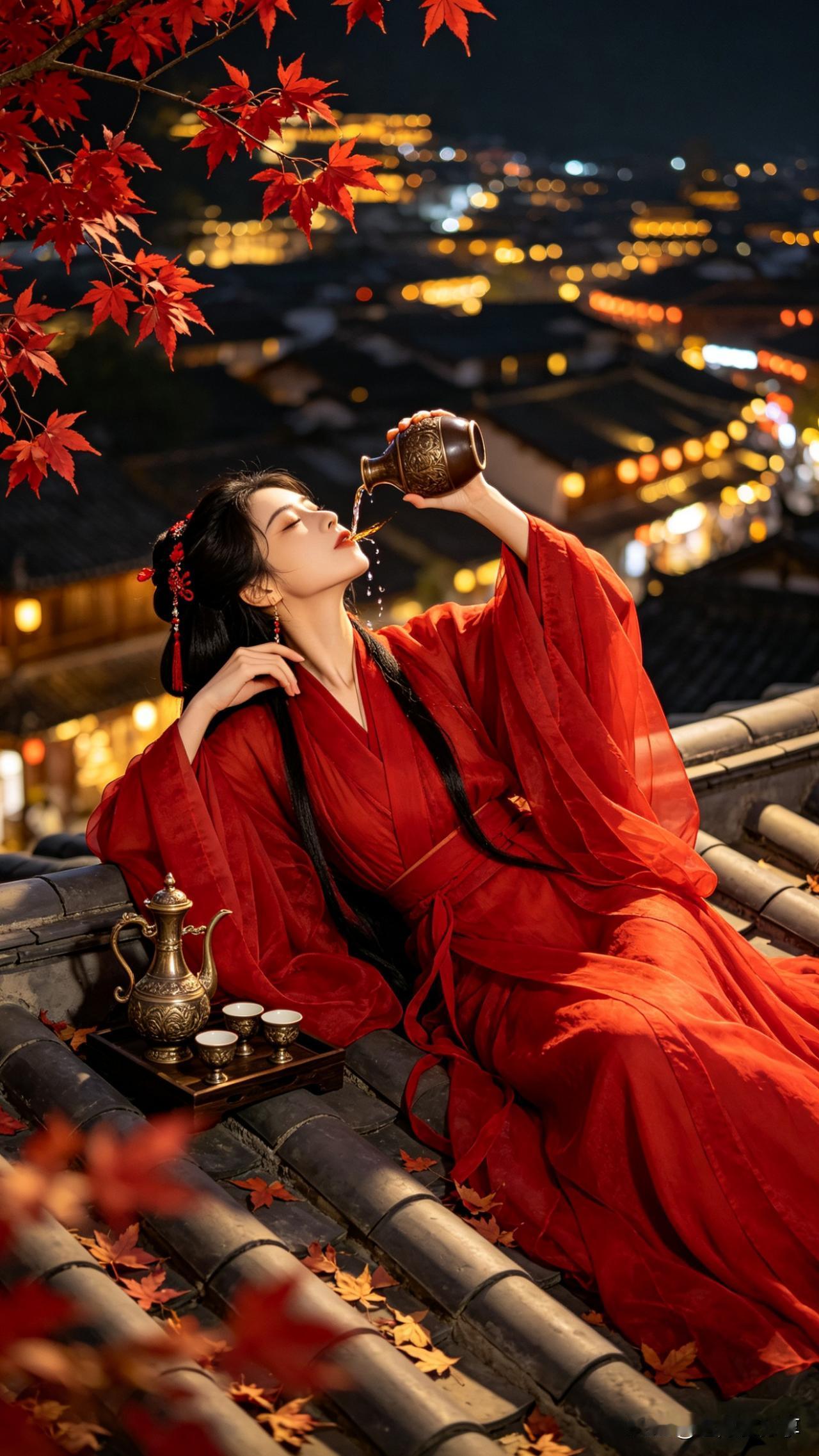 鹧鸪天·秋夜独酌

红袖斜倚碧瓦凉，
金樽独对夜苍茫。
万家灯火明如昼，
一片秋