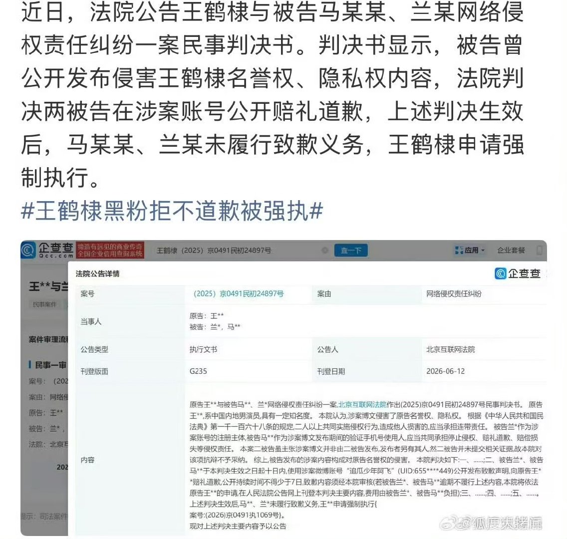 王鹤棣成功告黑 王鹤棣申请强制执行 666 