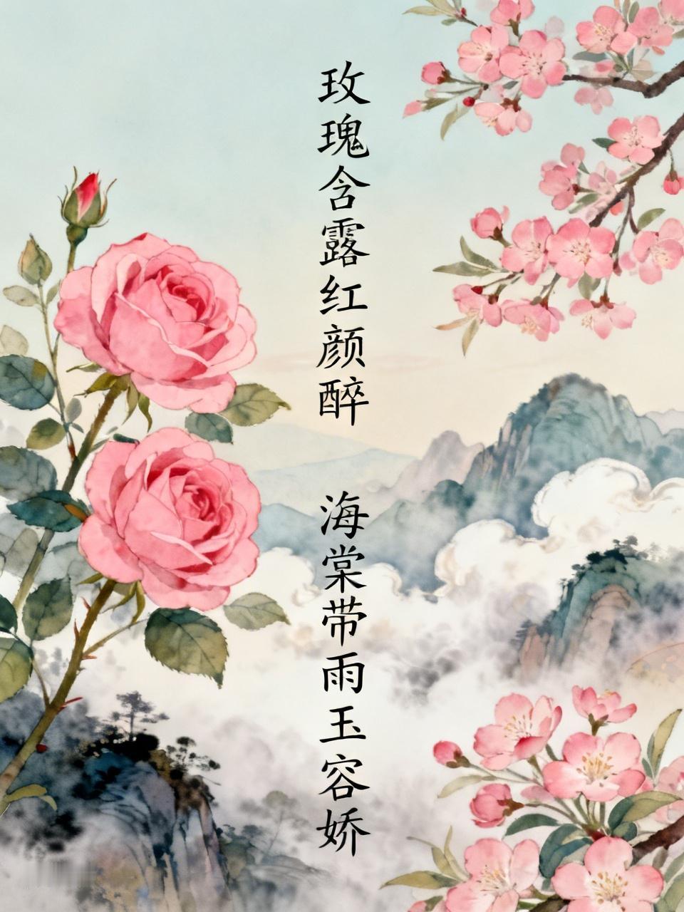 上联:  玫瑰含露红颜醉，
下联：海棠带雨玉容娇。