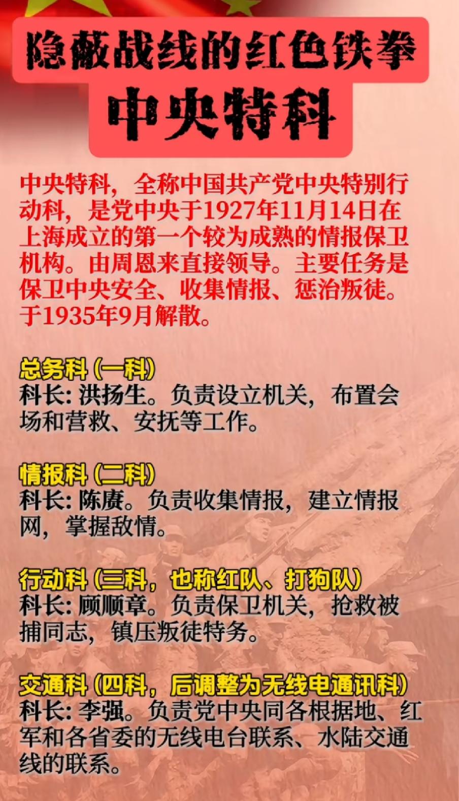 中央特科主要机构一览表

      1927年11月14日，我党成立第一个情报