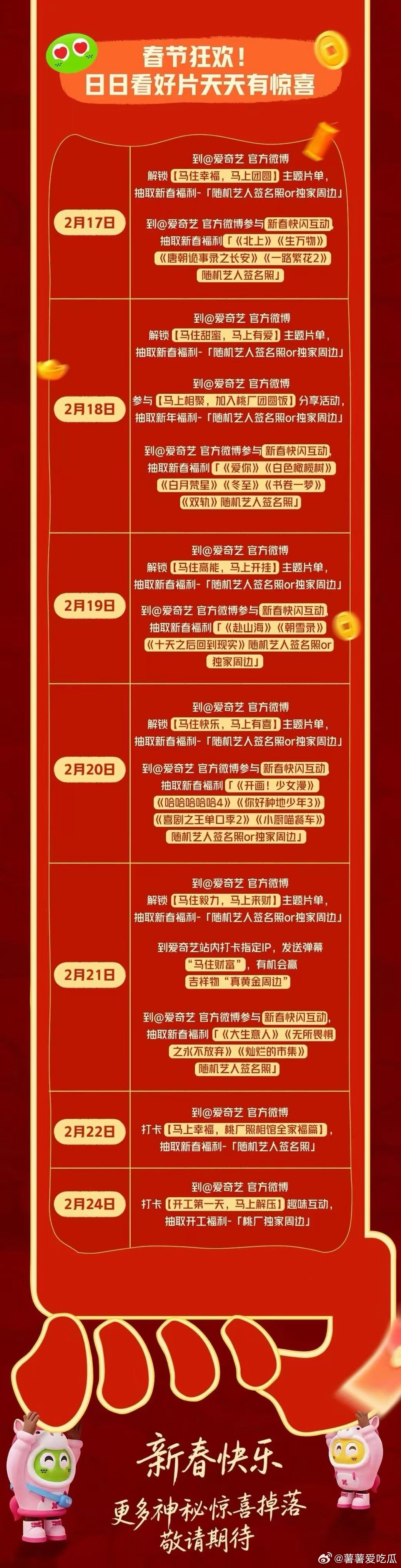 🥝这波春节福利也太宠粉了吧！刷到官微全是抽奖，艺人签名照+独家周边多到数不过来