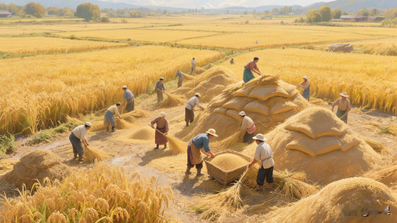 下联：秋收万担粮

赏析：这幅下联“秋收万担粮”与上联“春播千亩稻”呼应，构成完