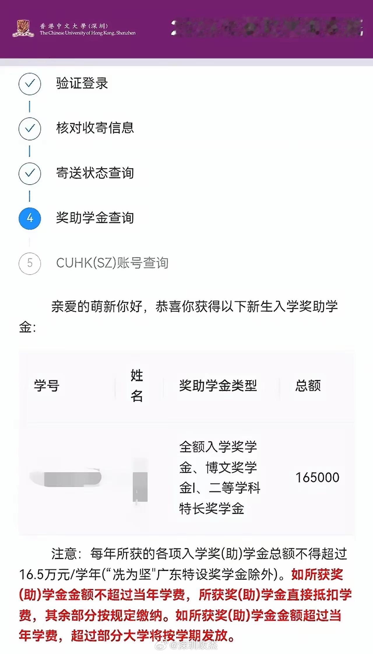 同学你好，奖学金165000元。港中深一年学费16.5万，也不用跑去香港读书了。