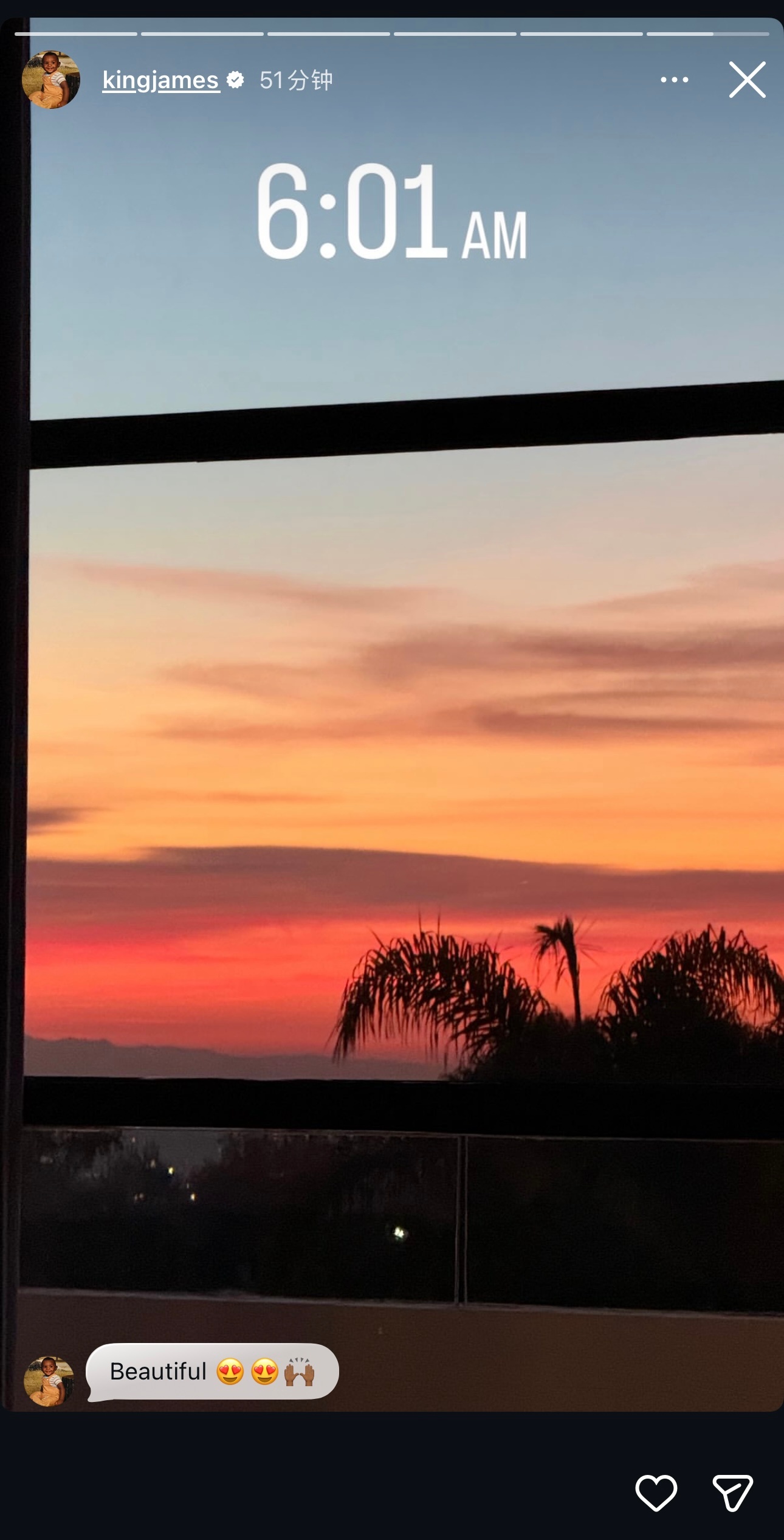 老詹起了个大早，欣赏洛杉矶的朝阳