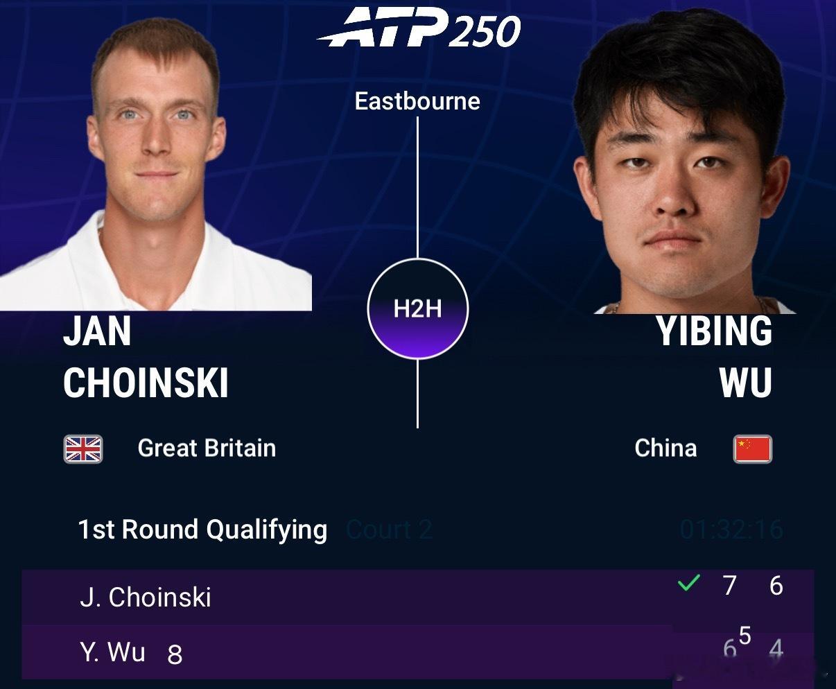 ATP250 伊斯特本公开赛资格赛首轮，吴易昺以6-7(5) 4-6不敌霍因斯基
