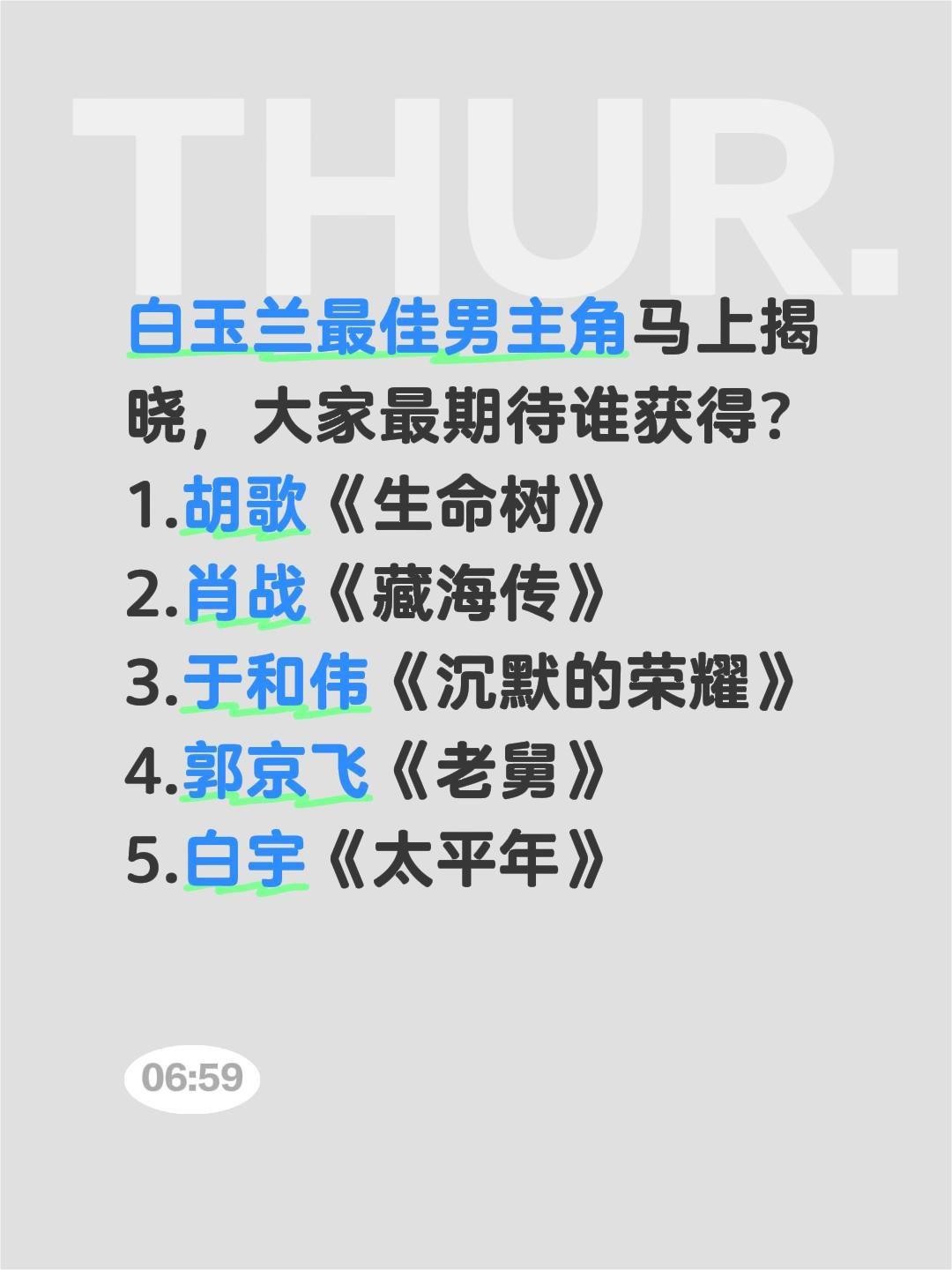 白玉兰最佳男主角马上揭晓，大家最期待谁获得？
1.胡歌《生命树》
2.肖战《藏海