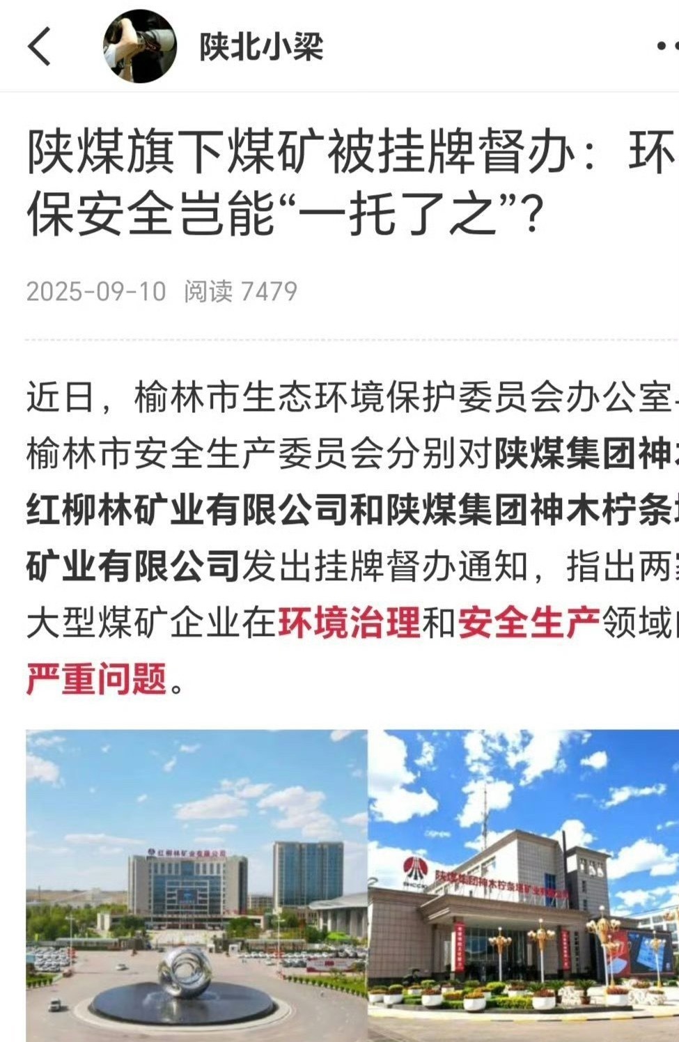 【对 陕西 陕煤旗下神木红柳林矿业有限公司和神木柠条塔矿业有限公司被挂牌督办  