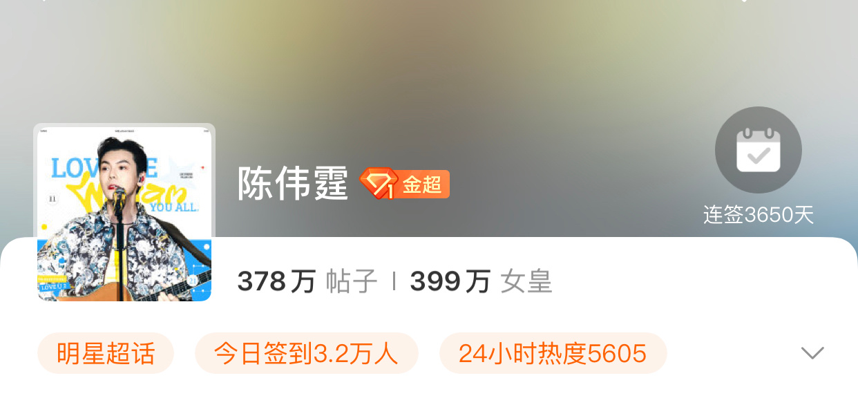 陈伟霆  从超话出现的第一天签到今天，十年整。 
