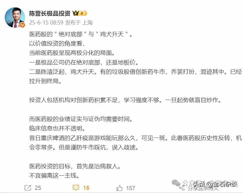私募神农投资总经理陈宇警示，创新药两级分化，谨防牛市踏坑。
创新药行情延续一段时