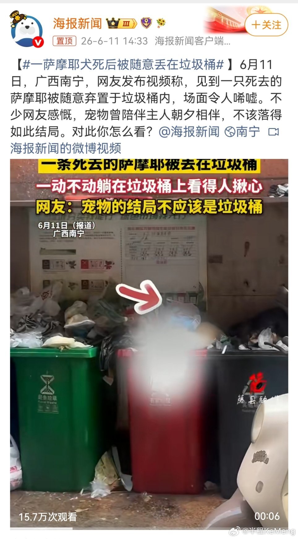 一萨摩耶犬死后被随意丢在垃圾桶养的时候开开心心撸狗，狗狗走了随手扔垃圾桶了事。养