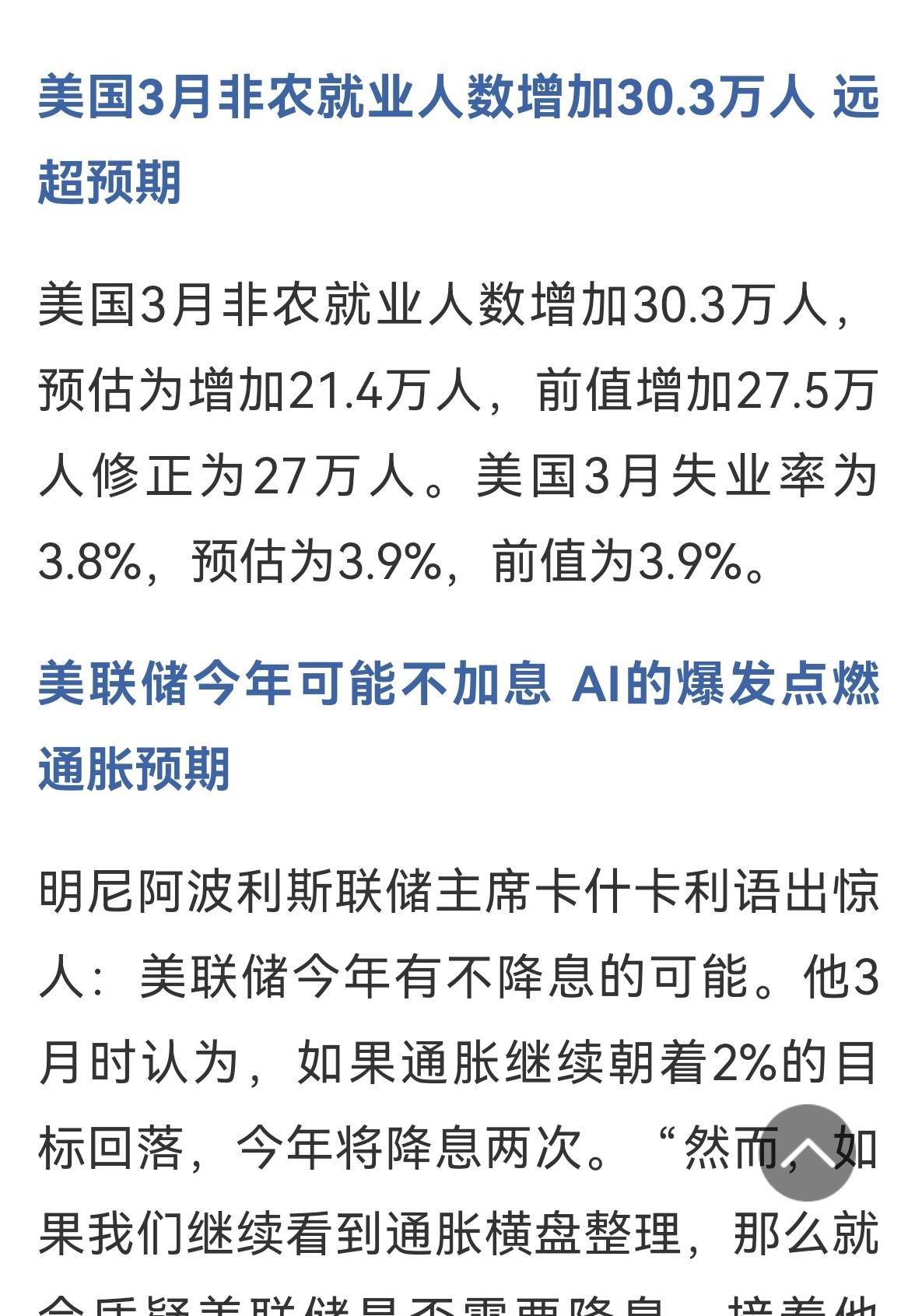 消息速递：（老手晚间说股）
刚看到美国公布的3月份非农数据，远超市场预期。
如果