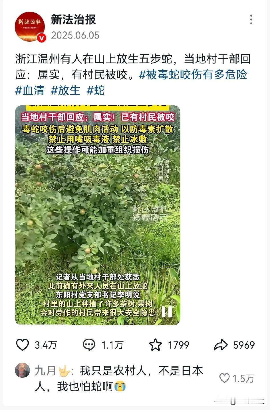 把蛇放生山里，原以为只是段子。
没想到现实中真实存在。
网友评论更是大家的心声：